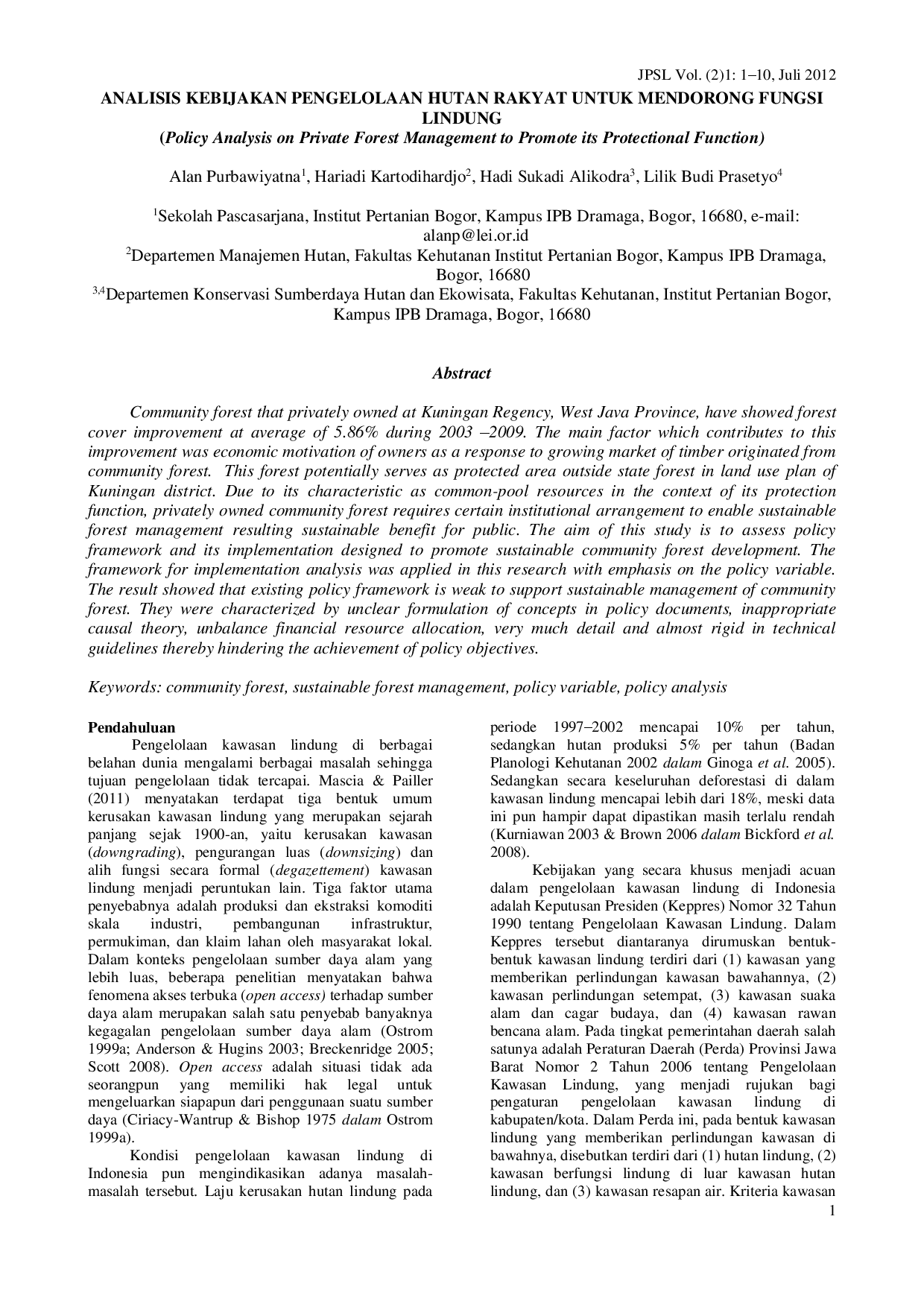 juris Analisis Kebijakan Pengelolaan Hutan Rakyat Untuk Mendorong Fungsi Lindung