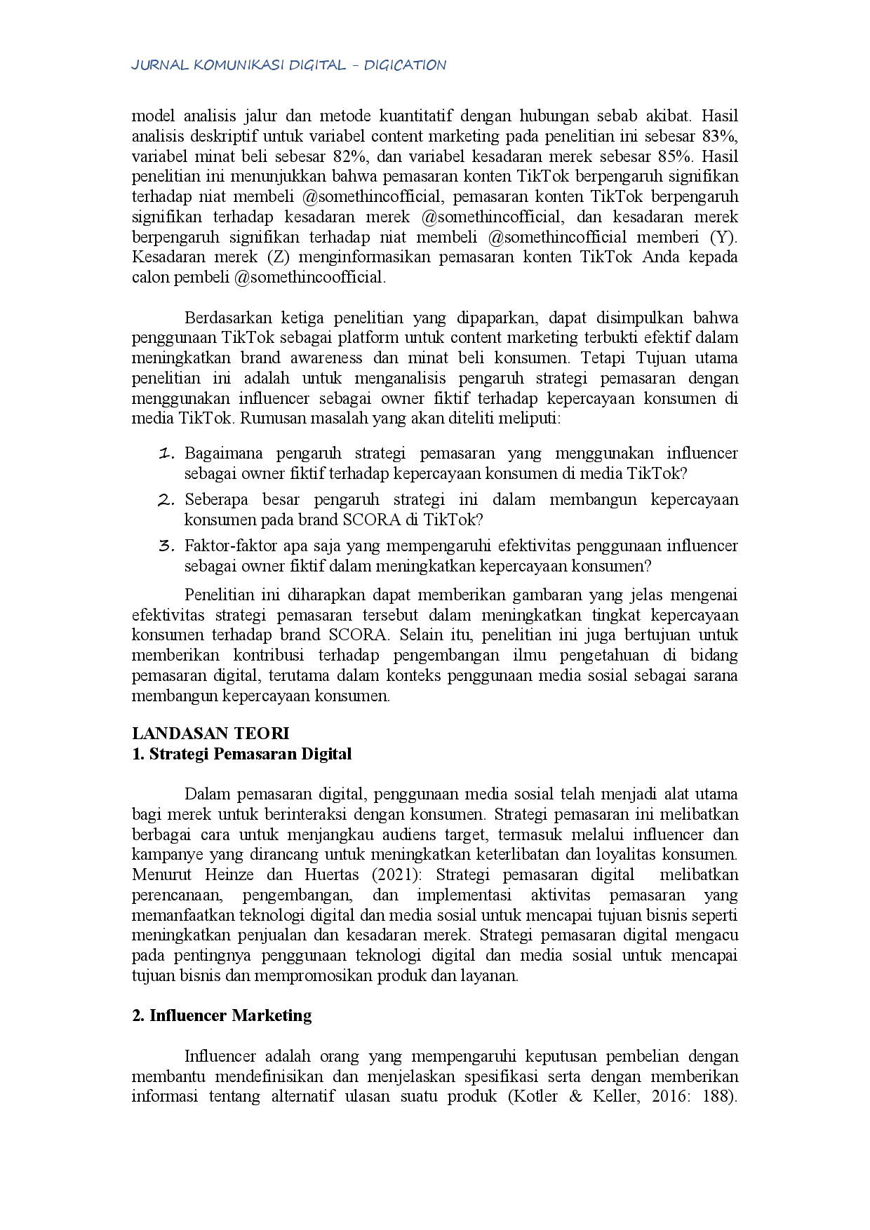 juris Eksplorasi Penggunaan Influencer sebagai Owner Fiktif dalam Membangun Kepercayaan Konsumen di Media TikTok Studi Kasus Brand Scora