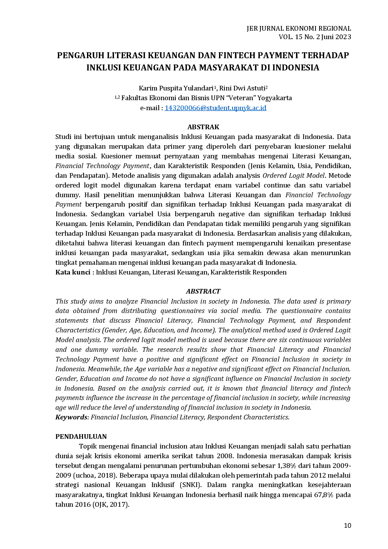 juris Pengaruh Literasi Keuangan Dan Fintech Payment Terhadap Inklusi Keuangan Pada Masyarakat Di Indonesia