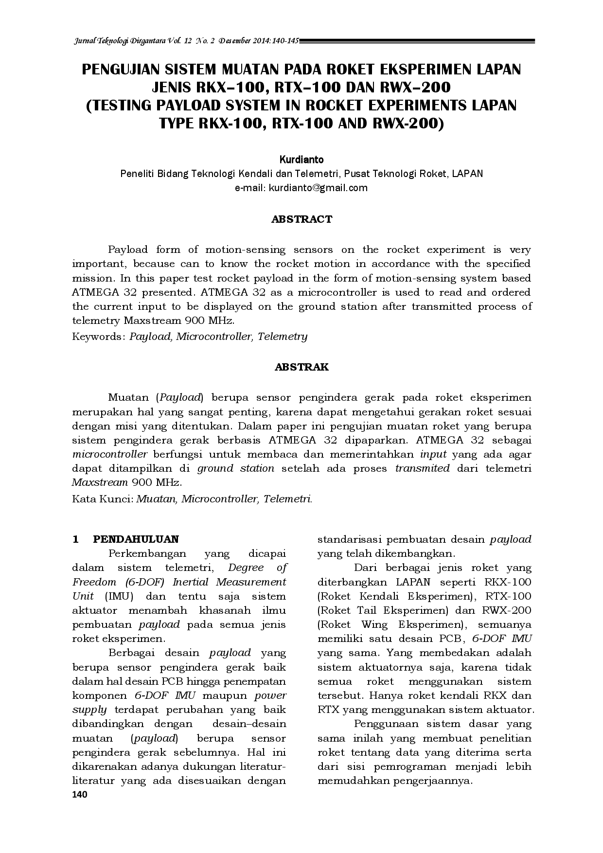 juris Pengujian Sistem Muatan Pada Roket Eksperimen Lapan Jenis Rkx 100 Rtx 100 Dan Rwx 200