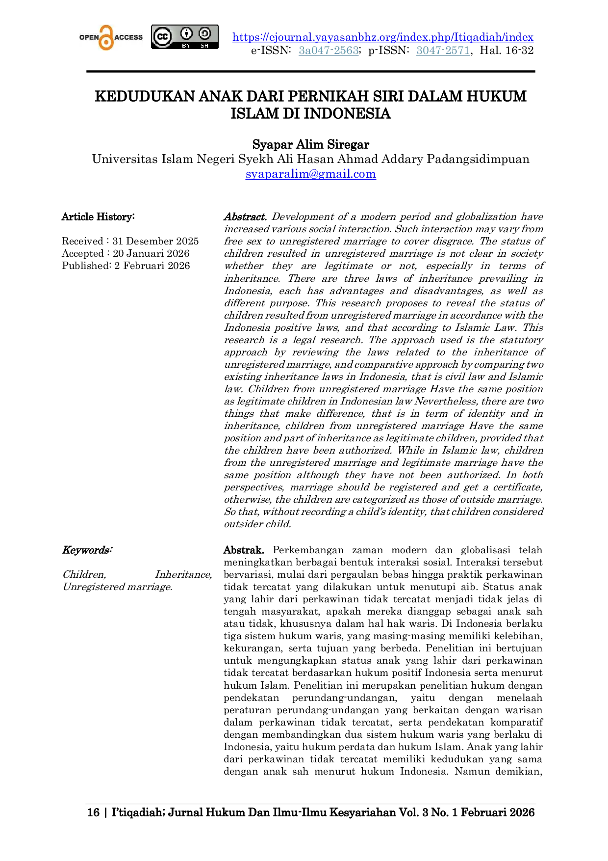 JURIS Kedudukan Anak Dari Pernikah Siri Dalam Hukum Islam Di Indonesia