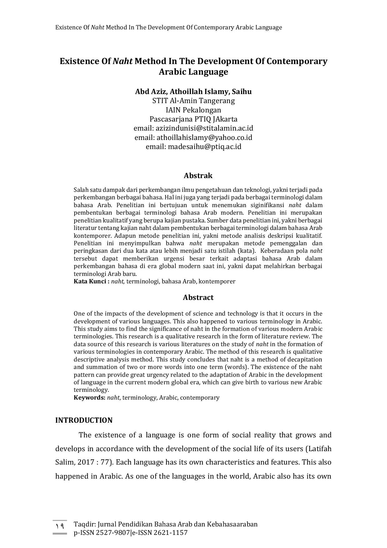 JURIS Existence EXISTENCE OF NAHT METHOD IN THE DEVELOPMENT OF CONTEMPORARY ARABIC LANGUAGE