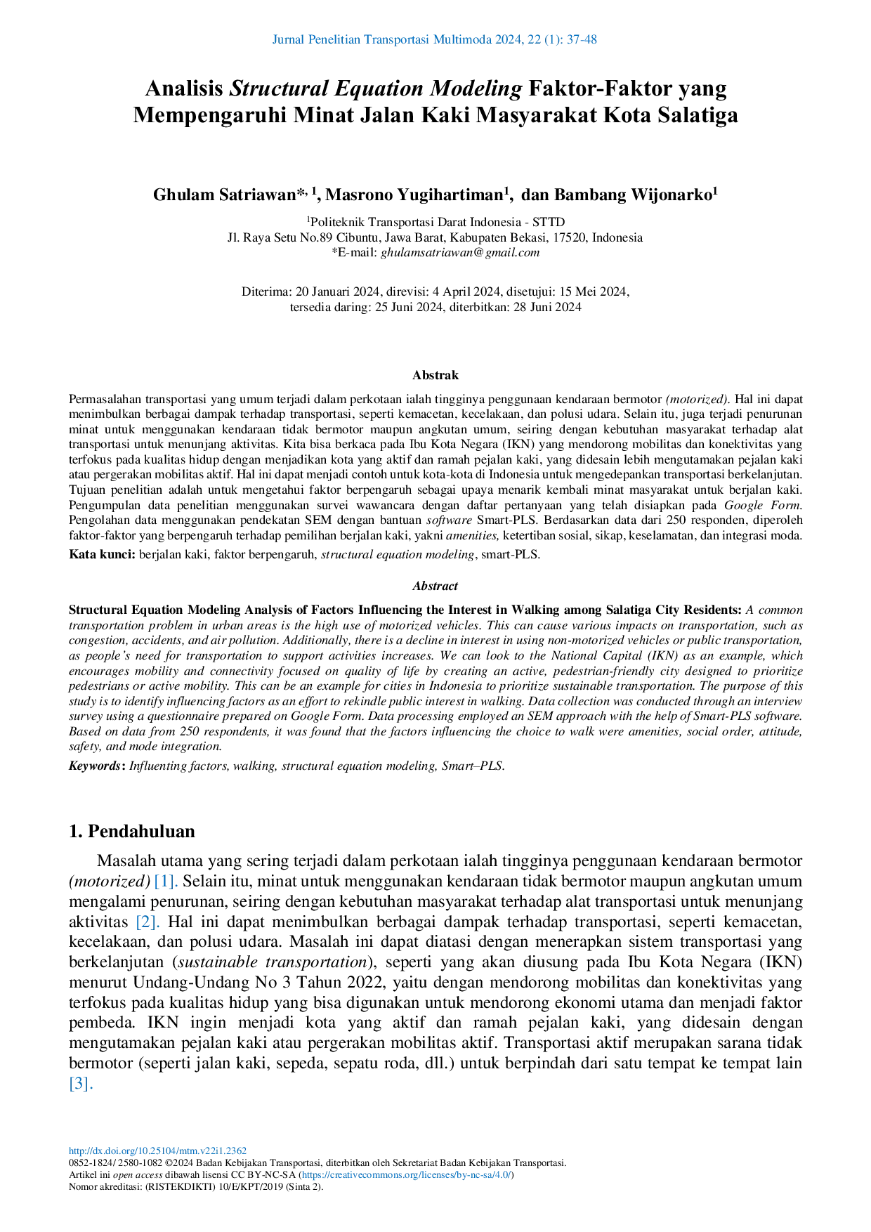 JURIS Analisis Structural Equation Modeling Faktor Faktor yang Mempengaruhi Minat Jalan Kaki Masyarakat Kota Salatiga