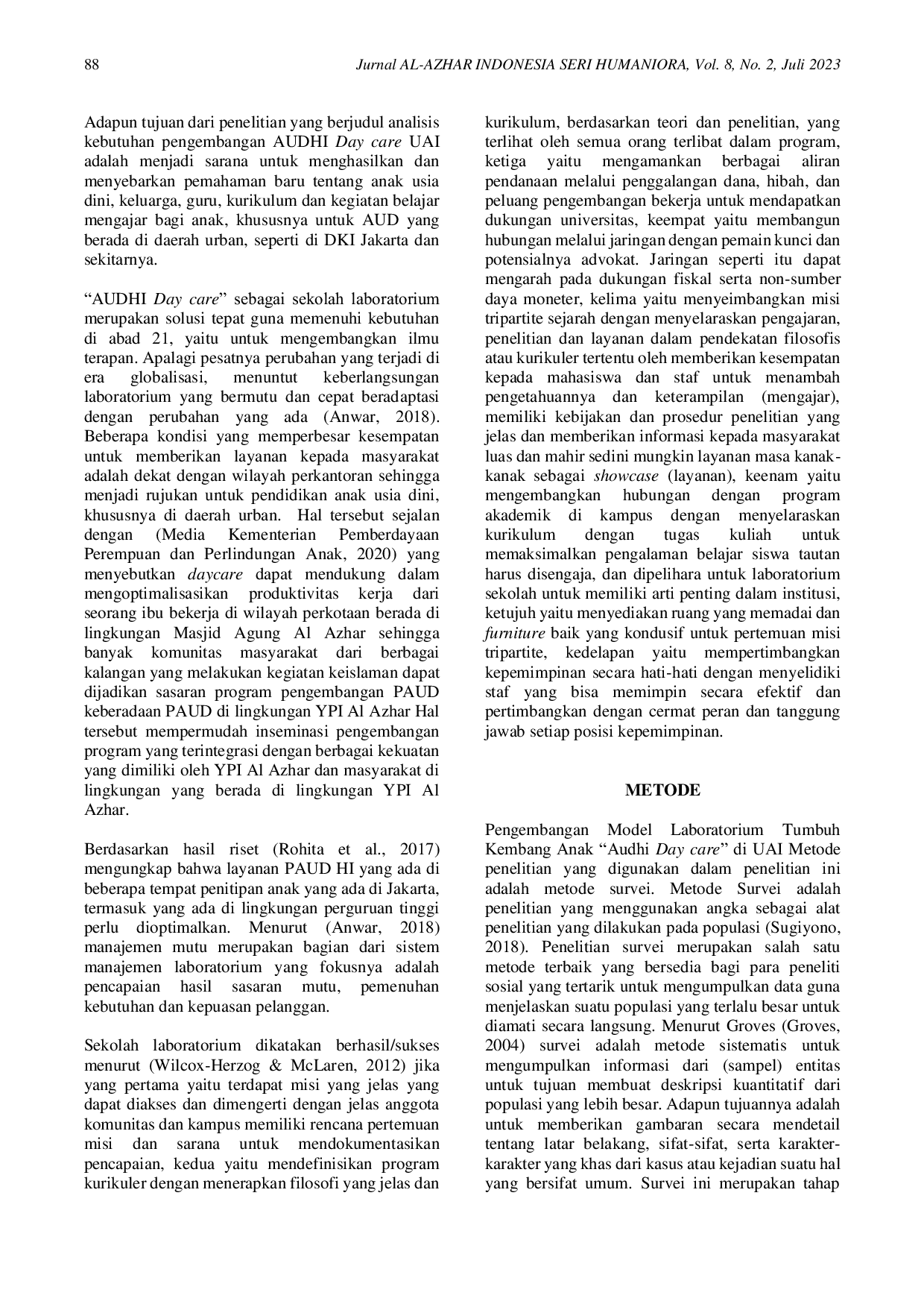 JURIS Pengembangan Model Laboratorium Tumbuh Kembang Anak Audhi Day care Ay di UAI