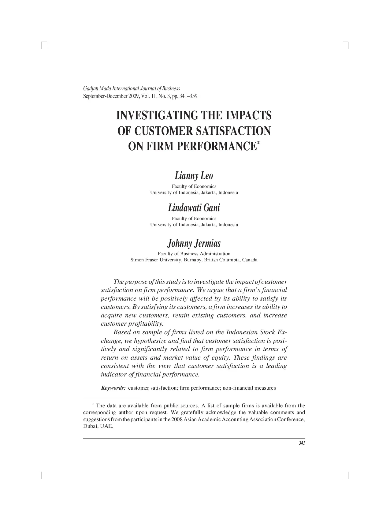 juris Investigating the Impacts of Customer Satisfaction on Firm Performance