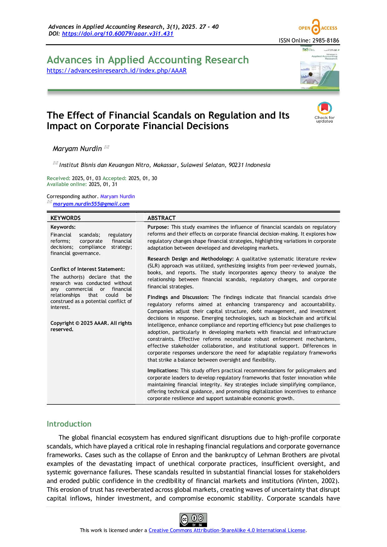 JURIS The Effect of Financial Scandals on Regulation and Its Impact on Corporate Financial Decisions