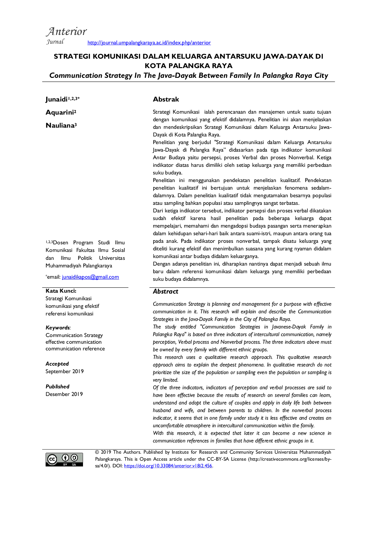 JURIS Strategi Komunikasi dalam Keluarga Antar Suku Jawa Dayak di Kota Palangka Raya