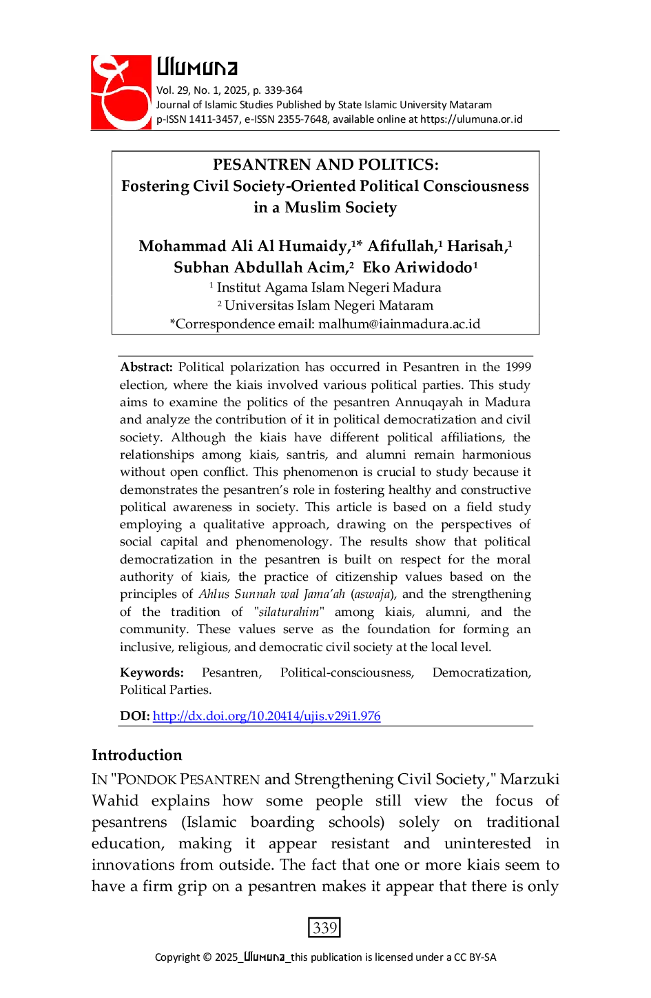 JURIS Pesantren and Politics Fostering Civil Society Oriented Political Consciousness in a Muslim Society