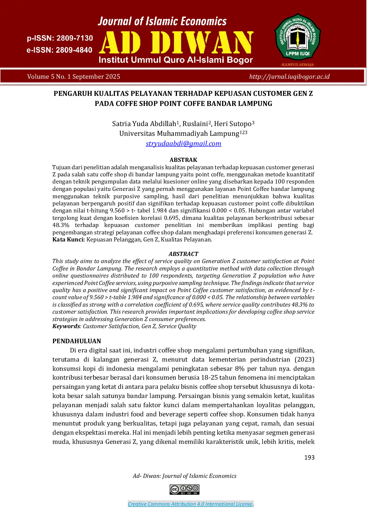 JURIS Pengaruh Kualitas Pelayanan Terhadap Kepuasan Customer Gen Z Pada Coffe Shop Point Coffe Bandar Lampung