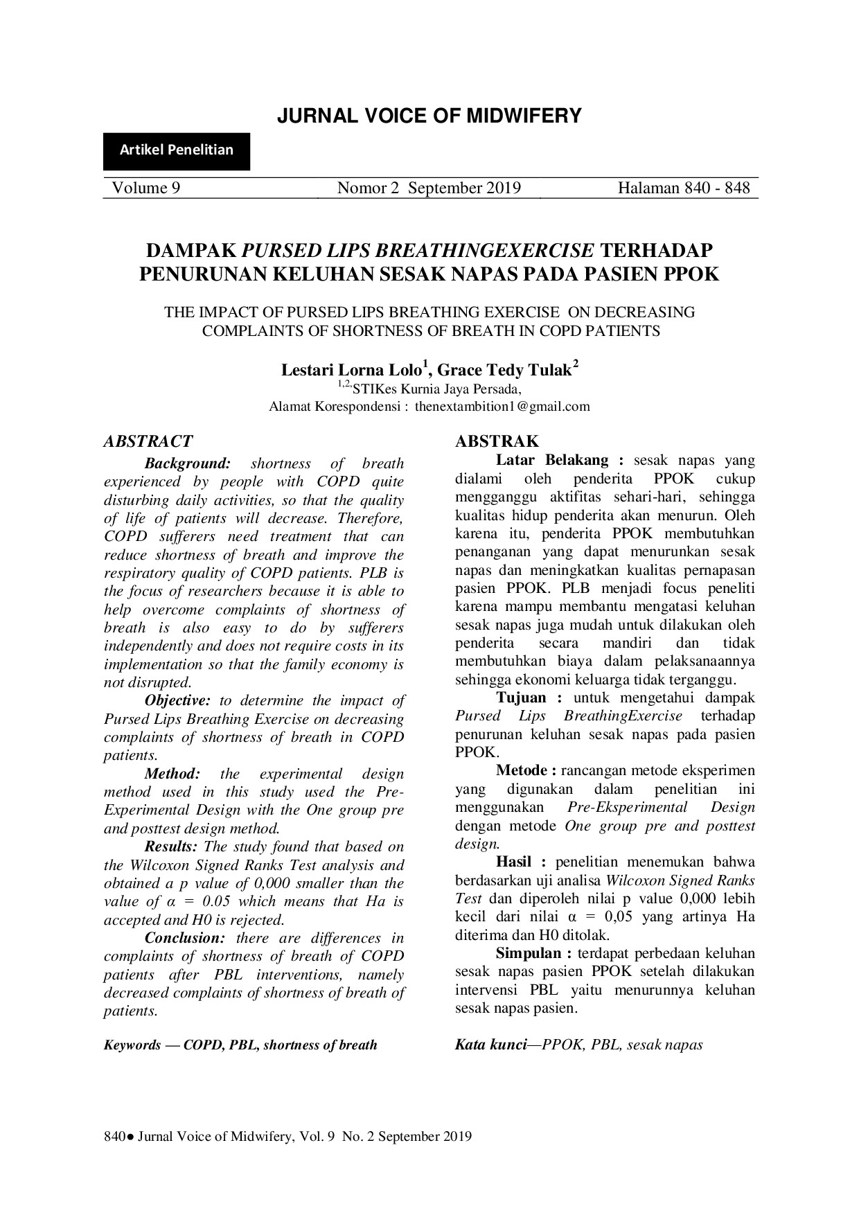 juris Dampak Pursed Lips Breathing Exercise Terhadap Penurunan Keluhan Sesak Napas Pada Pasien PPOK