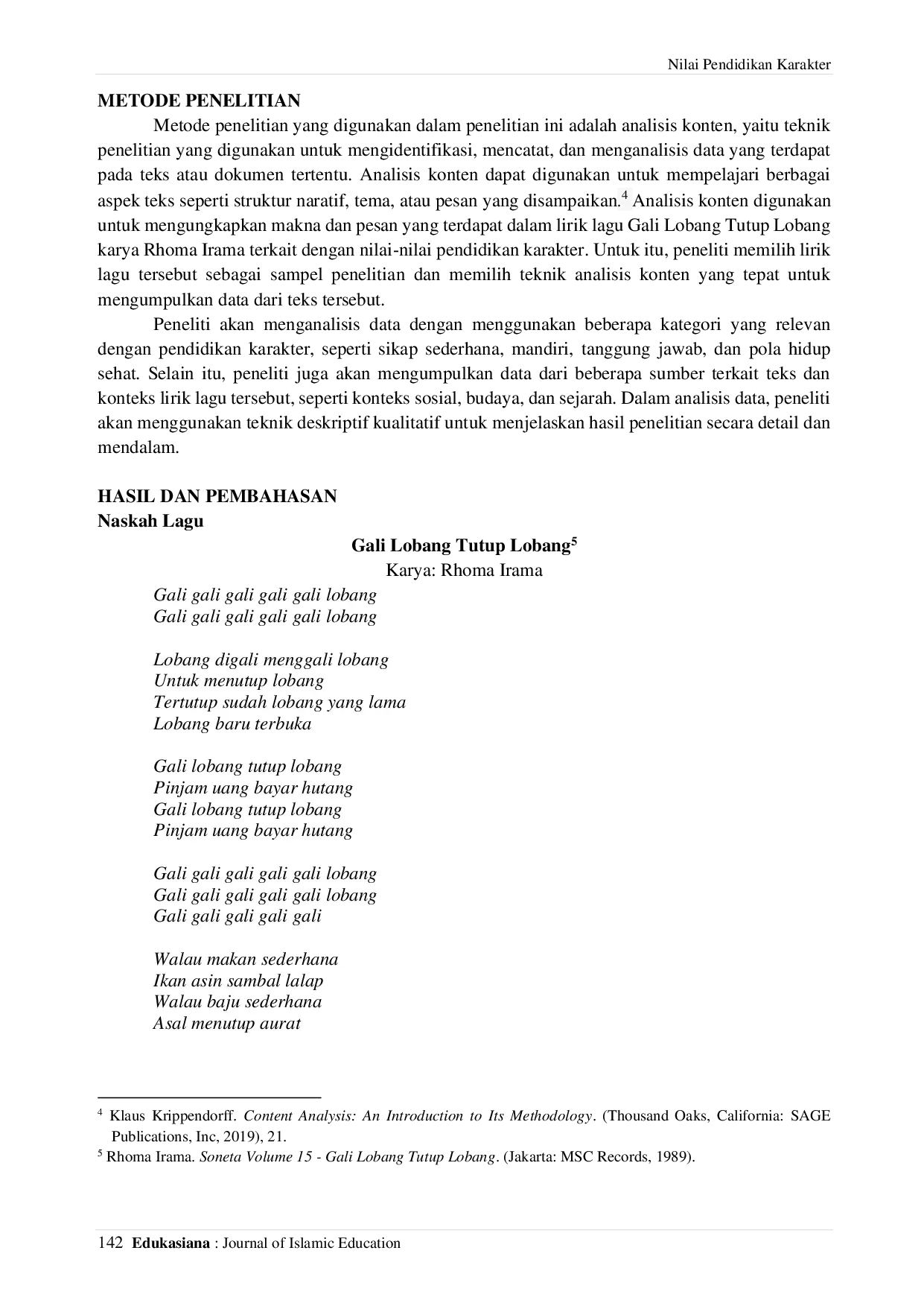 JURIS Nilai Pendidikan Karakter Dalam Lirik Lagu Gali Lobang Tutup Lobang Karya Rhoma Irama Sebuah Analisis Konten