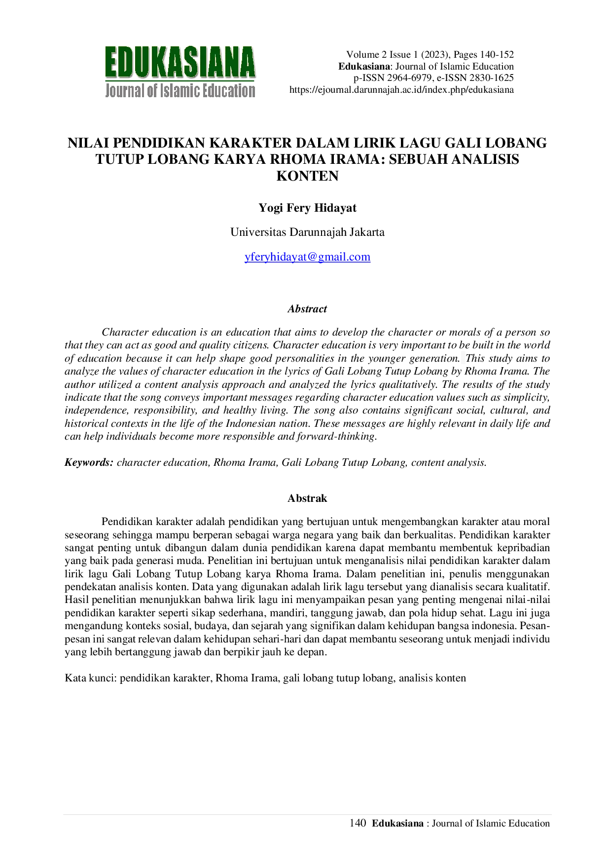 JURIS Nilai Pendidikan Karakter Dalam Lirik Lagu Gali Lobang Tutup Lobang Karya Rhoma Irama Sebuah Analisis Konten