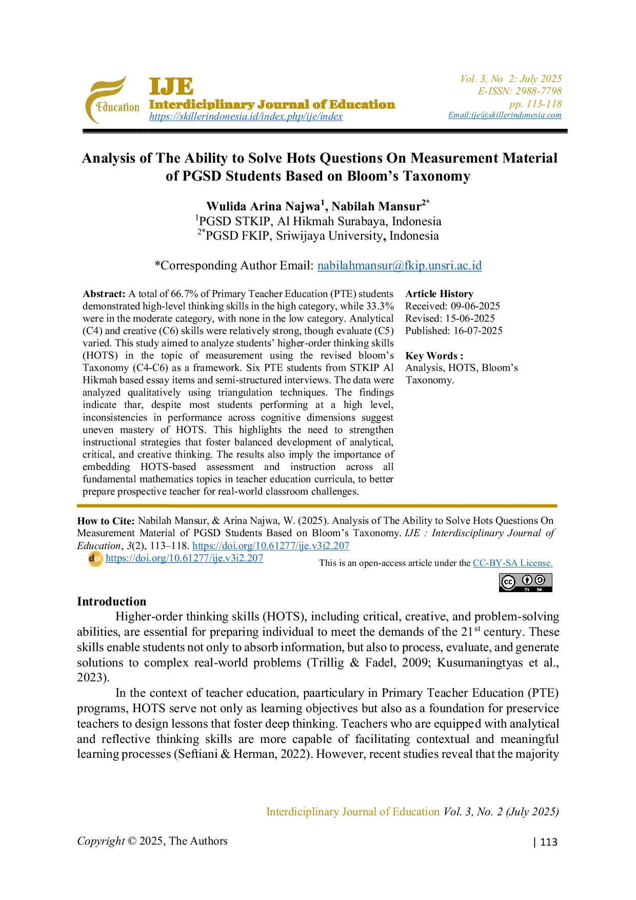 JURIS Analysis of The Ability to Solve Hots Questions On Measurement Material of PGSD Students Based on Bloom s Taxonomy