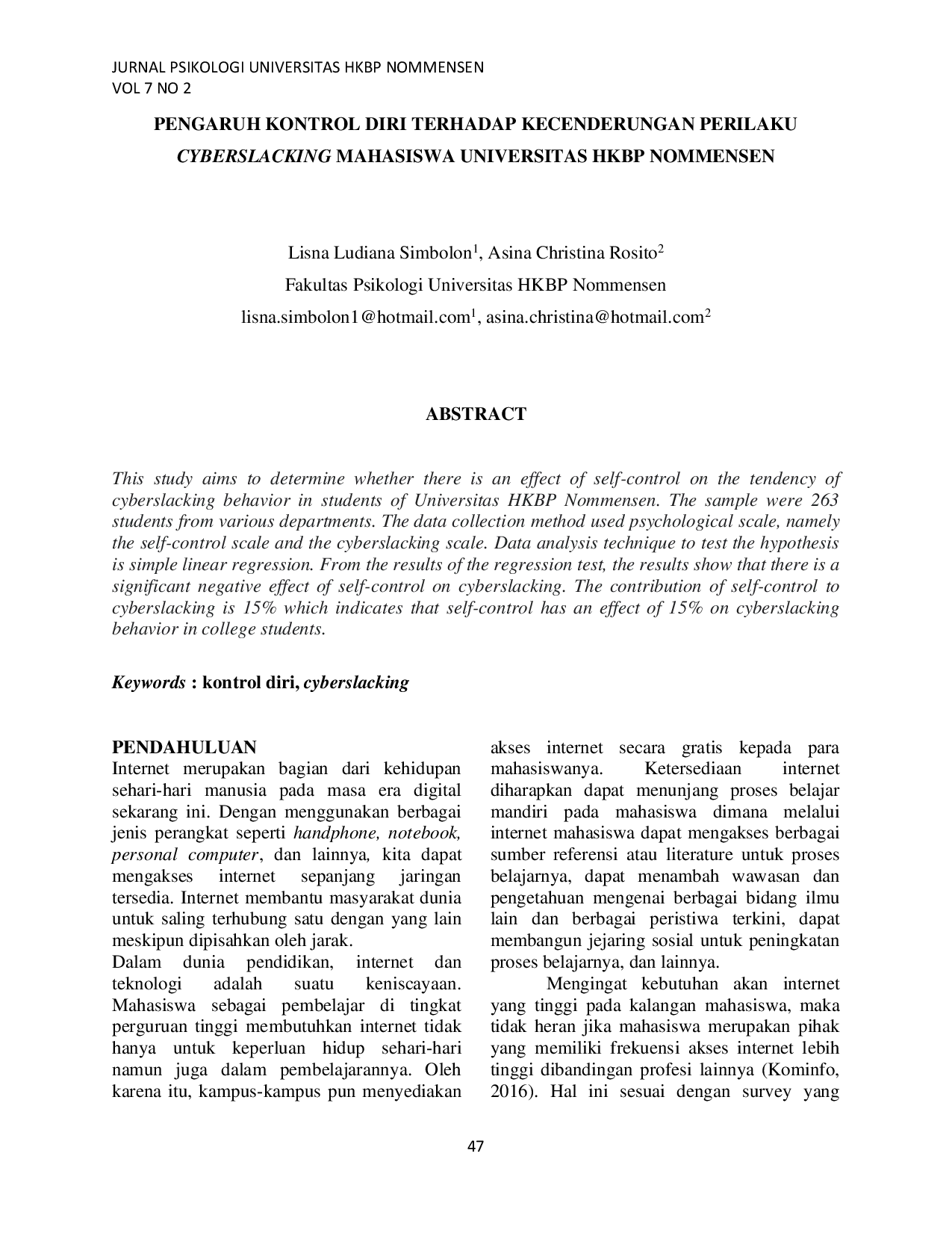 JURIS Pengaruh Kontrol Diri Terhadap Kecenderungan Perilaku Cyberslacking Mahasiswa Universitas HKBP Nommensen