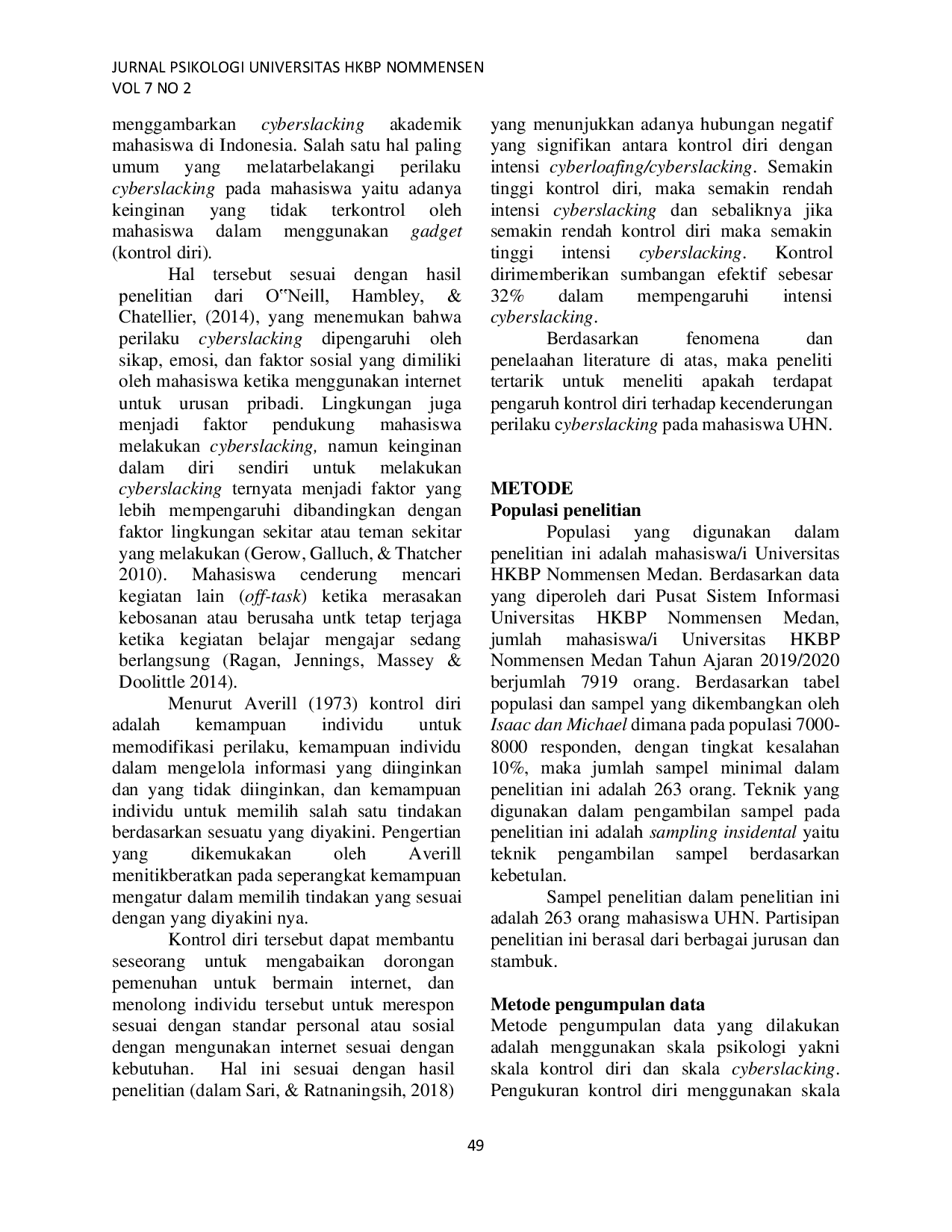 JURIS Pengaruh Kontrol Diri Terhadap Kecenderungan Perilaku Cyberslacking Mahasiswa Universitas HKBP Nommensen