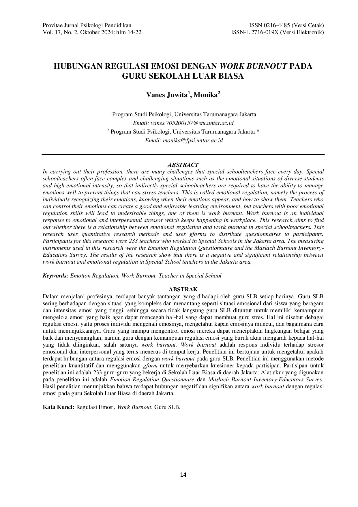 JURIS Hubungan Regulasi Emosi dengan Work Burnout pada Guru Sekolah Luar Biasa