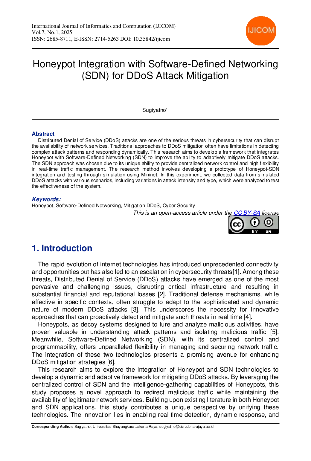 JURIS Honeypot Integration with Software Defined Networking SDN for DDoS Attack Mitigation