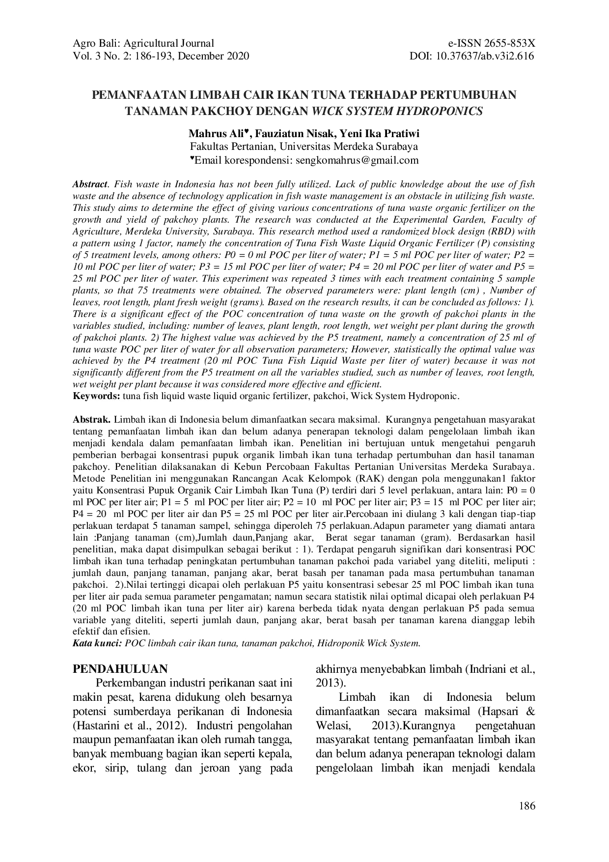 JURIS Pemanfaatan Limbah Cair Ikan Tuna Terhadap Pertumbuhan Tanaman Pakchoy Dengan Wick System Hydroponics