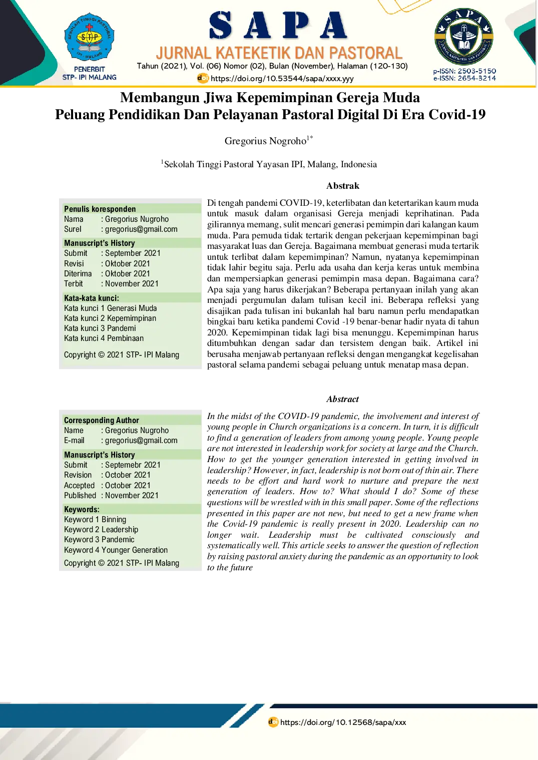 JURIS Membangun Jiwa Kepemimpinan Gereja Muda Peluang Pendidikan Dan Pelayanan Pastoral Digital Di Era Covid 19