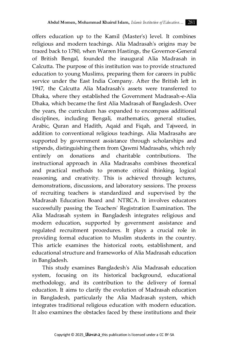 JURIS Islamic Institution of Education in Bangladesh A Study on Alia Madrasah