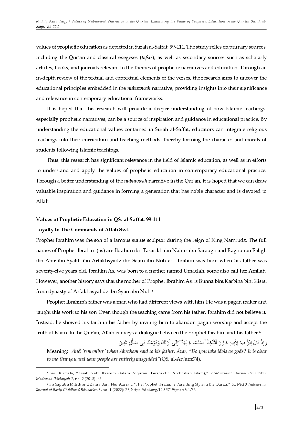 juris Values of Nubuwwah Narrative in the Qur an Examining the Value of Prophetic Education in the Qur an Surah al Saffat 99 111