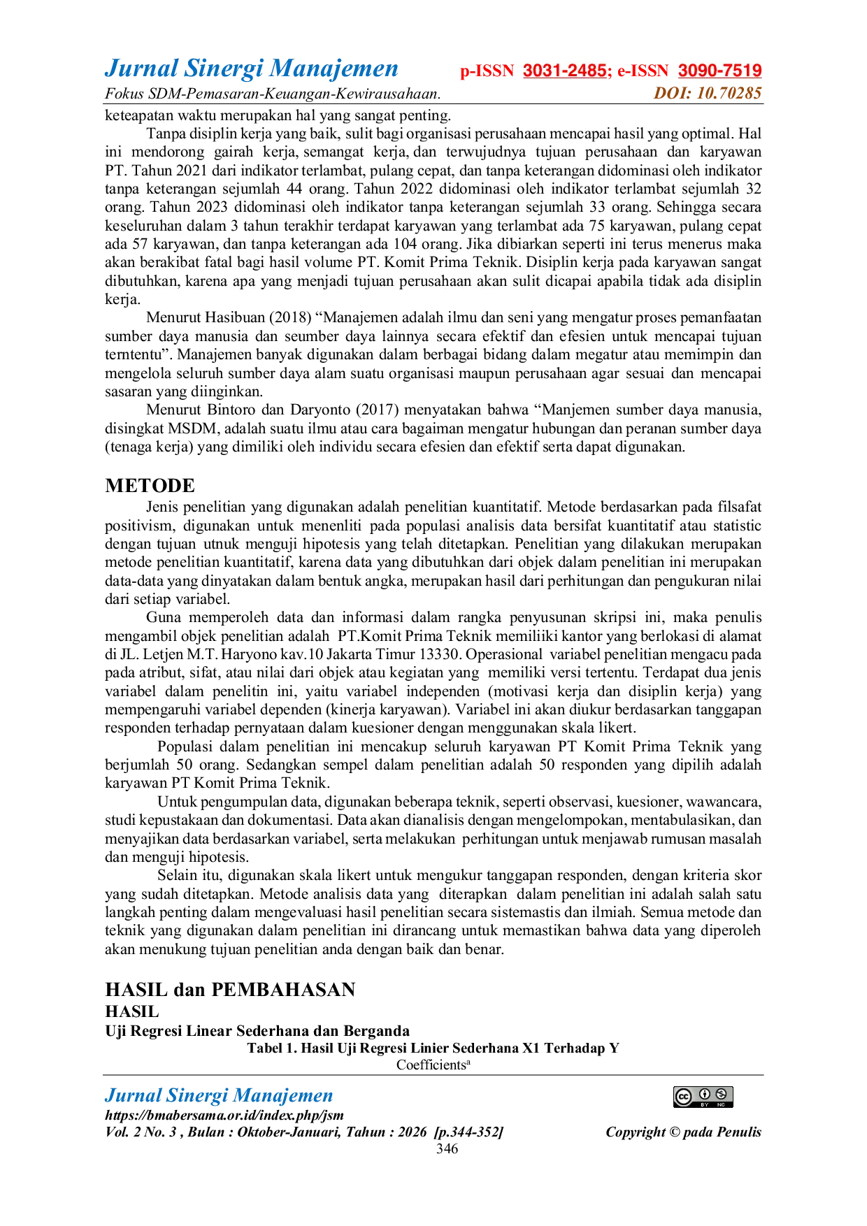 JURIS Pengaruh Motivasi Kerja dan Disiplin Kerja terhadap Kinerja Karyawan