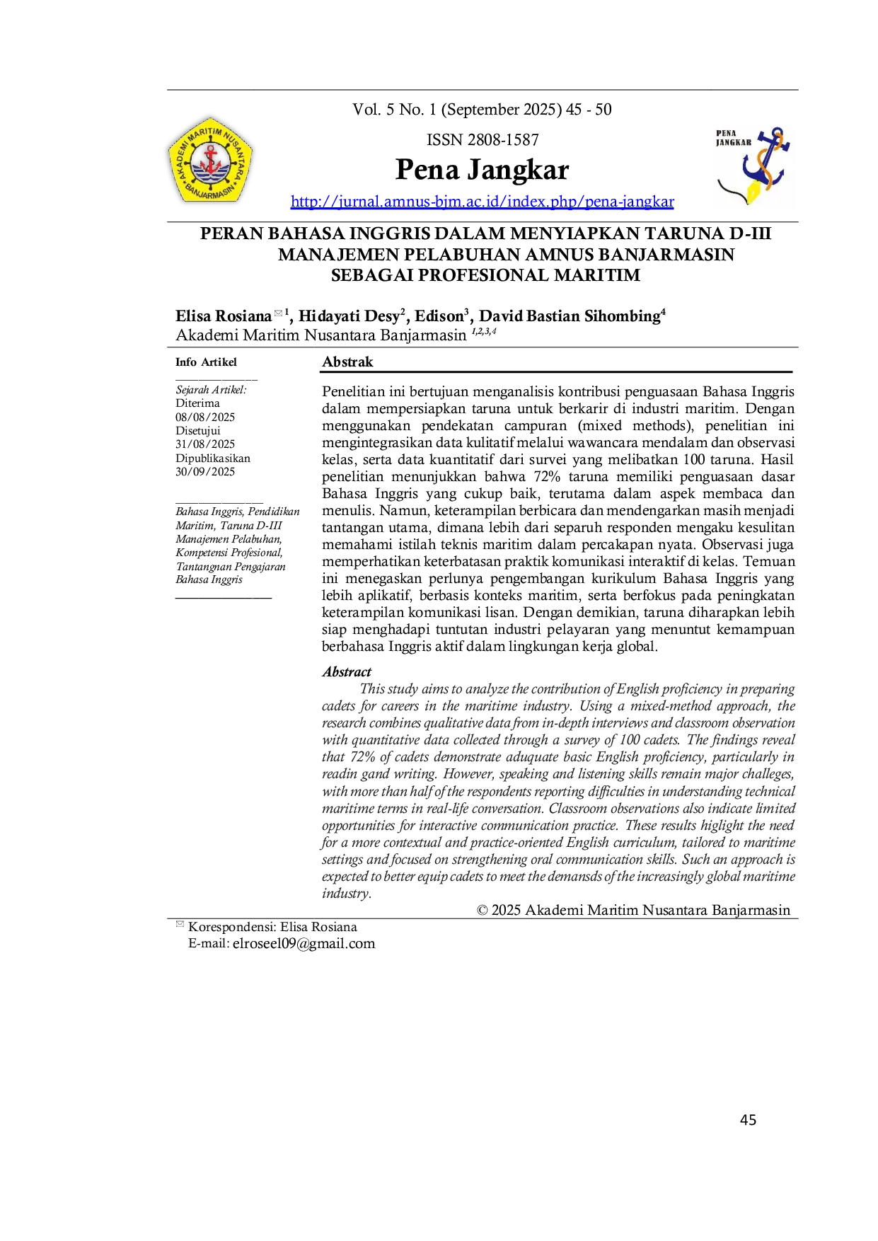 JURIS Peran Bahasa Inggris dalam Menyiapkan Taruna D III Manajemen Pelabuhan AMNUS Banjarmasin sebagai Profesional Maritim