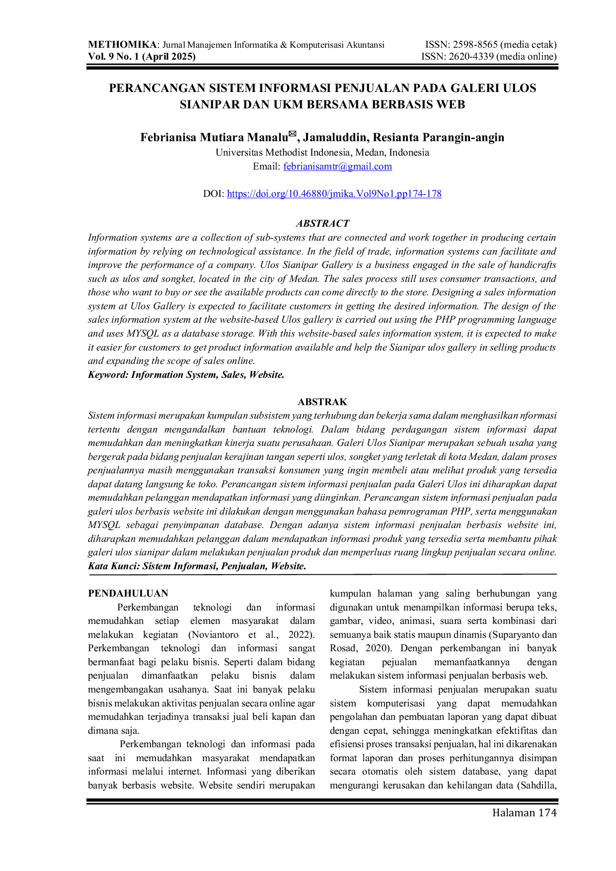 JURIS Perancangan Sistem Informasi Penjualan pada Galeri Ulos Sianipar dan UKM Bersama Berbasis Web