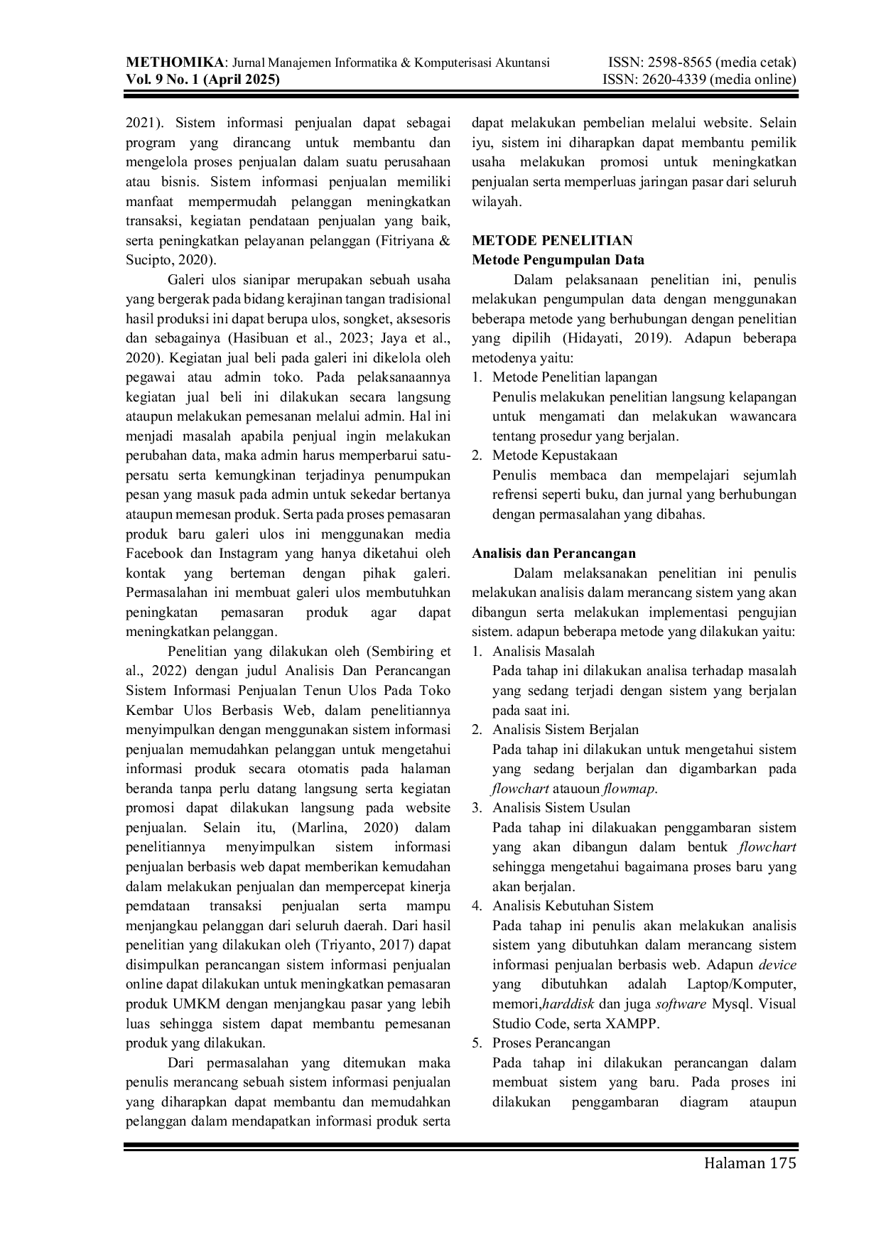 JURIS Perancangan Sistem Informasi Penjualan pada Galeri Ulos Sianipar dan UKM Bersama Berbasis Web