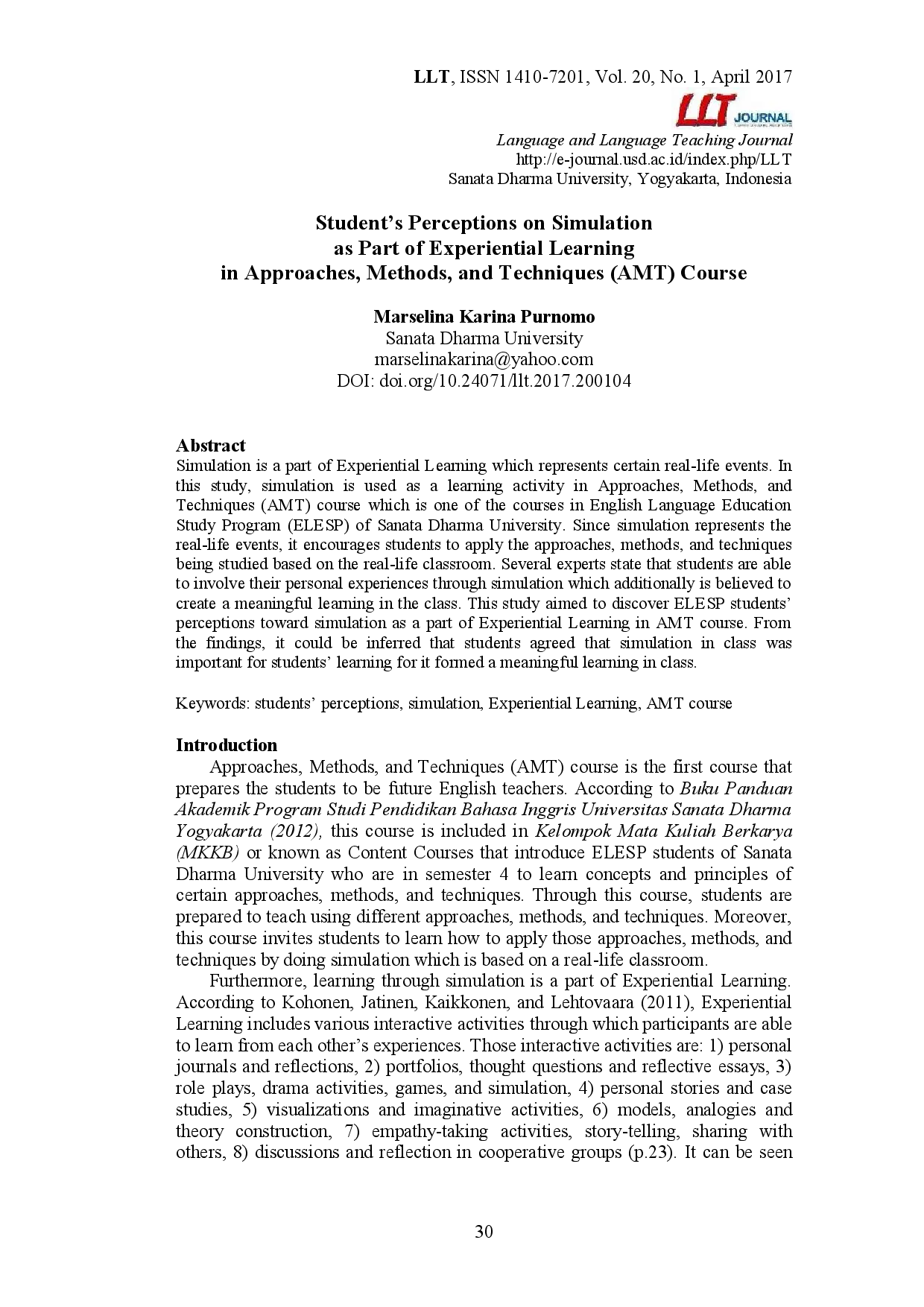 juris Students Perceptions on Simulation as Part of Experiential Learning in Approaches Methods and Techniques AMT Course