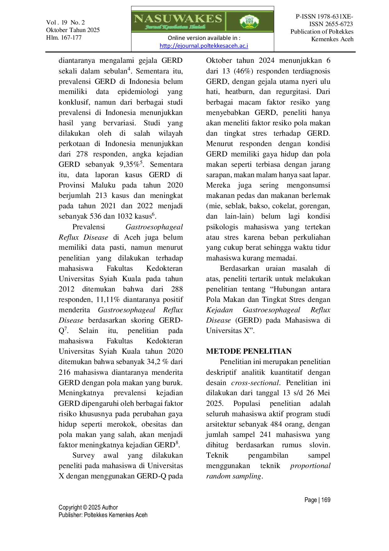 JURIS Hubungan Pola Makan Dan Tingkat Stres Dengan Kejadian Gastroesophageal Reflux Disease GERD Pada Mahasiswa Di Universitas X