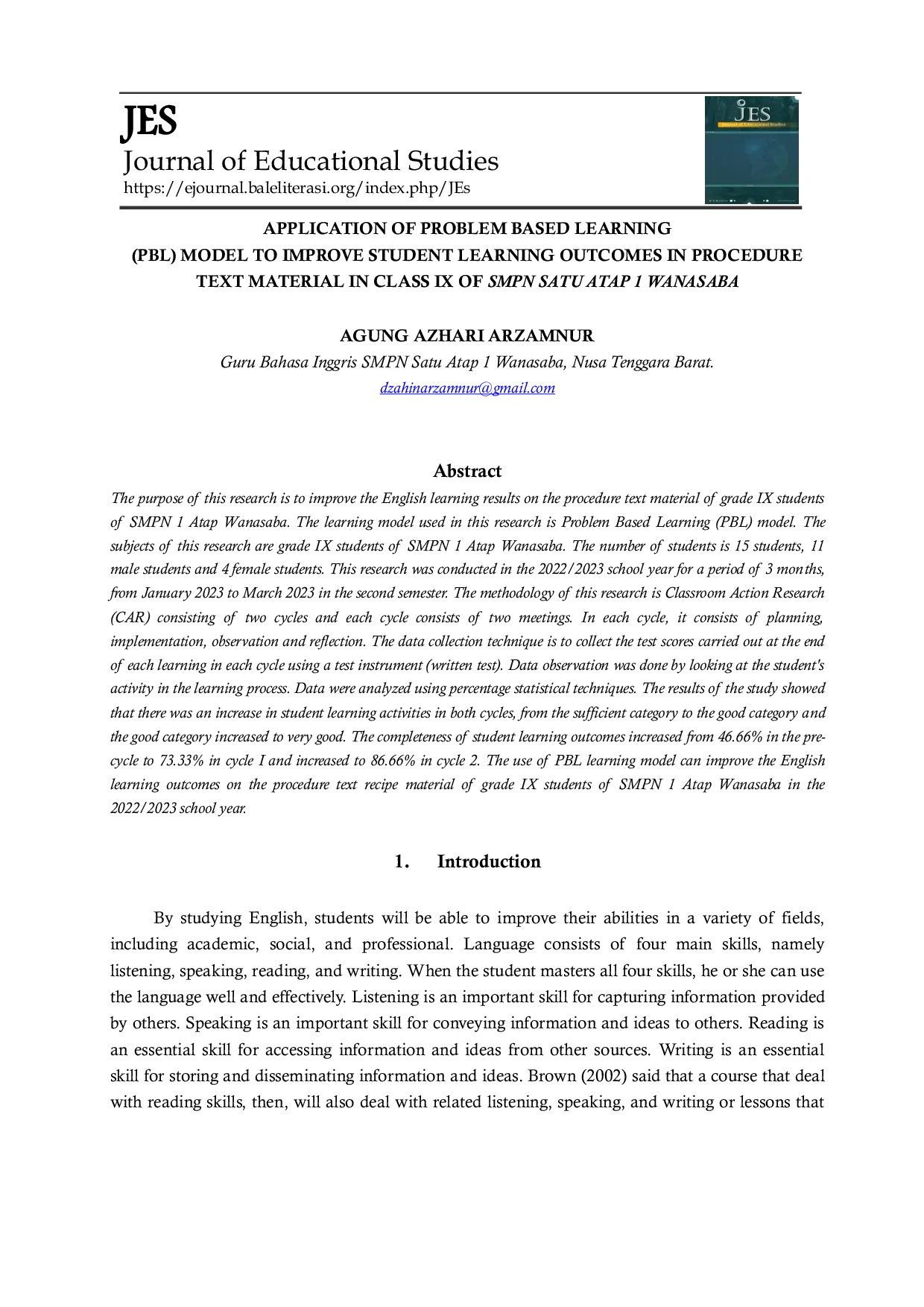 JURIS Application of Problem Based Learning PBL Model to Improve Student Learning Outcomes in Procedure Text Material in Class IX of SMPN Satu Atap 1 Wanasaba