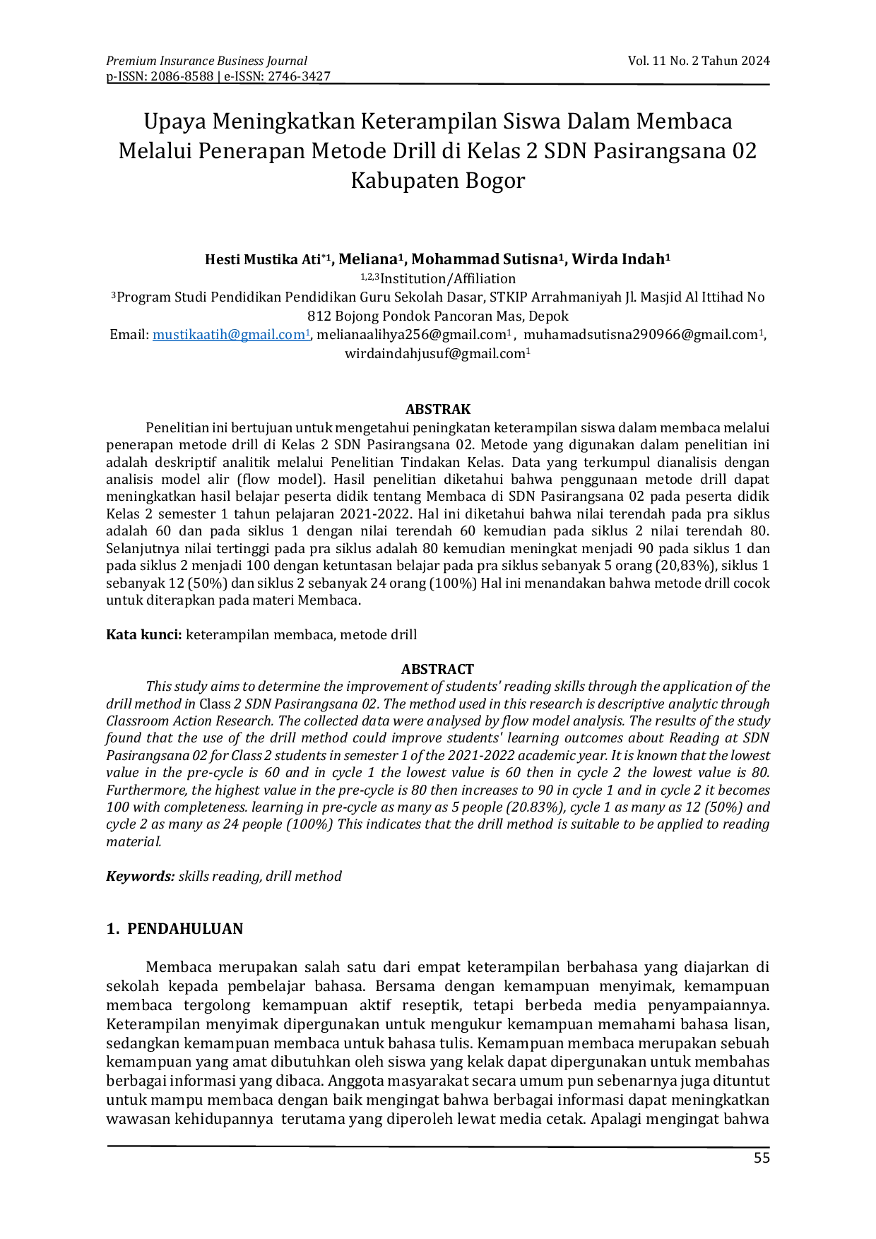 JURIS Upaya Meningkatkan Keterampilan Siswa Dalam Membaca Melalui Penerapan Metode Drill di Kelas 2 SDN Pasirangsana 02 Kabupaten Bogor