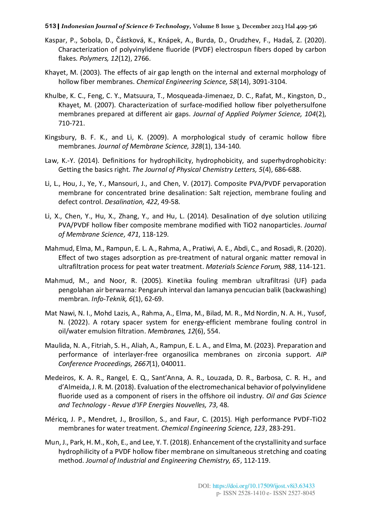 juris Step by Step Fabrication of PVDF TiO2 Hollow Fiber Membrane and Its Application Desalination of Wetland Saline Water via Pervaporation