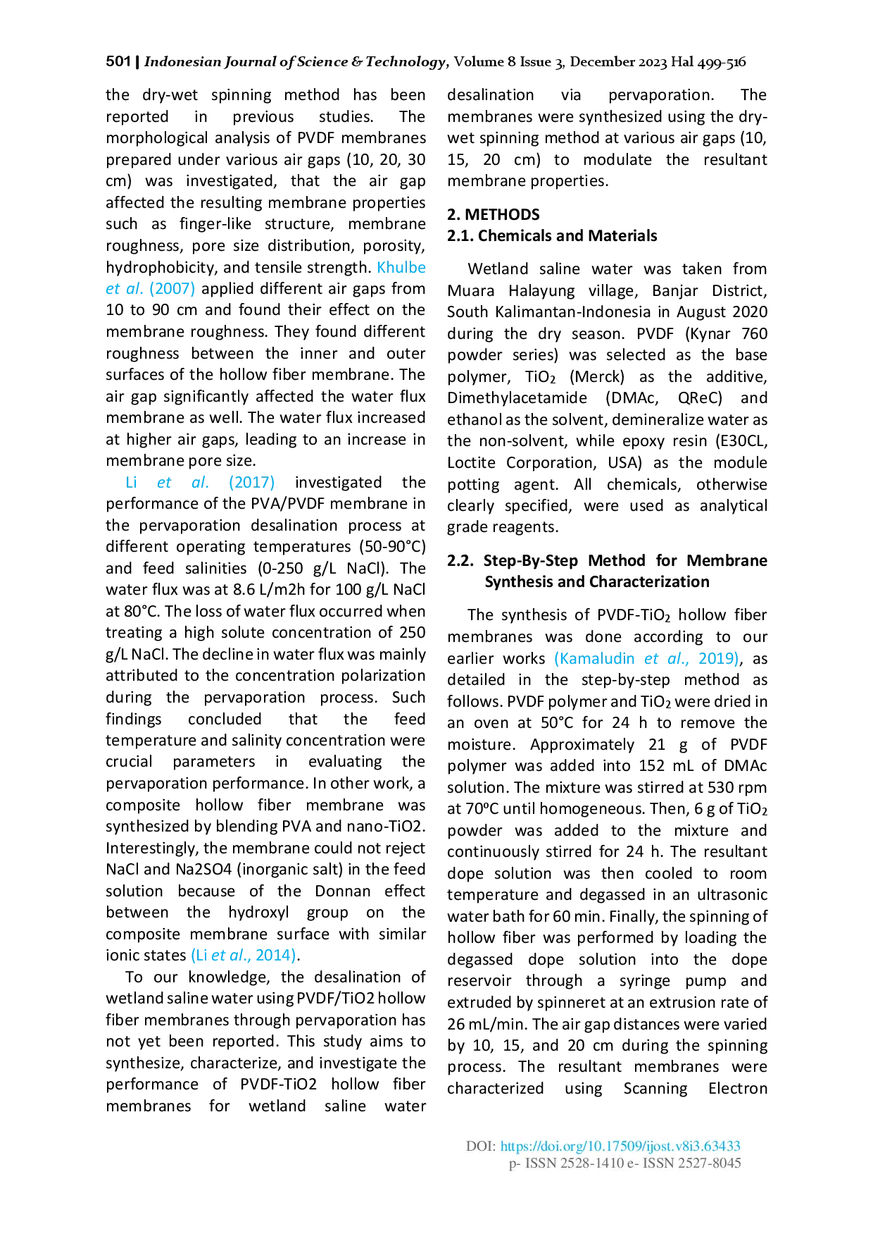 juris Step by Step Fabrication of PVDF TiO2 Hollow Fiber Membrane and Its Application Desalination of Wetland Saline Water via Pervaporation