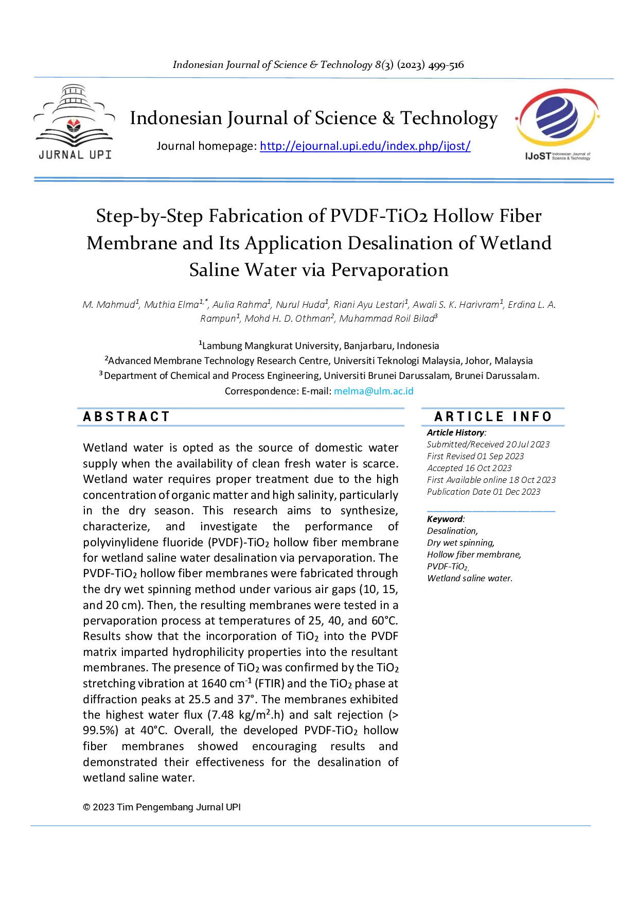 juris Step by Step Fabrication of PVDF TiO2 Hollow Fiber Membrane and Its Application Desalination of Wetland Saline Water via Pervaporation