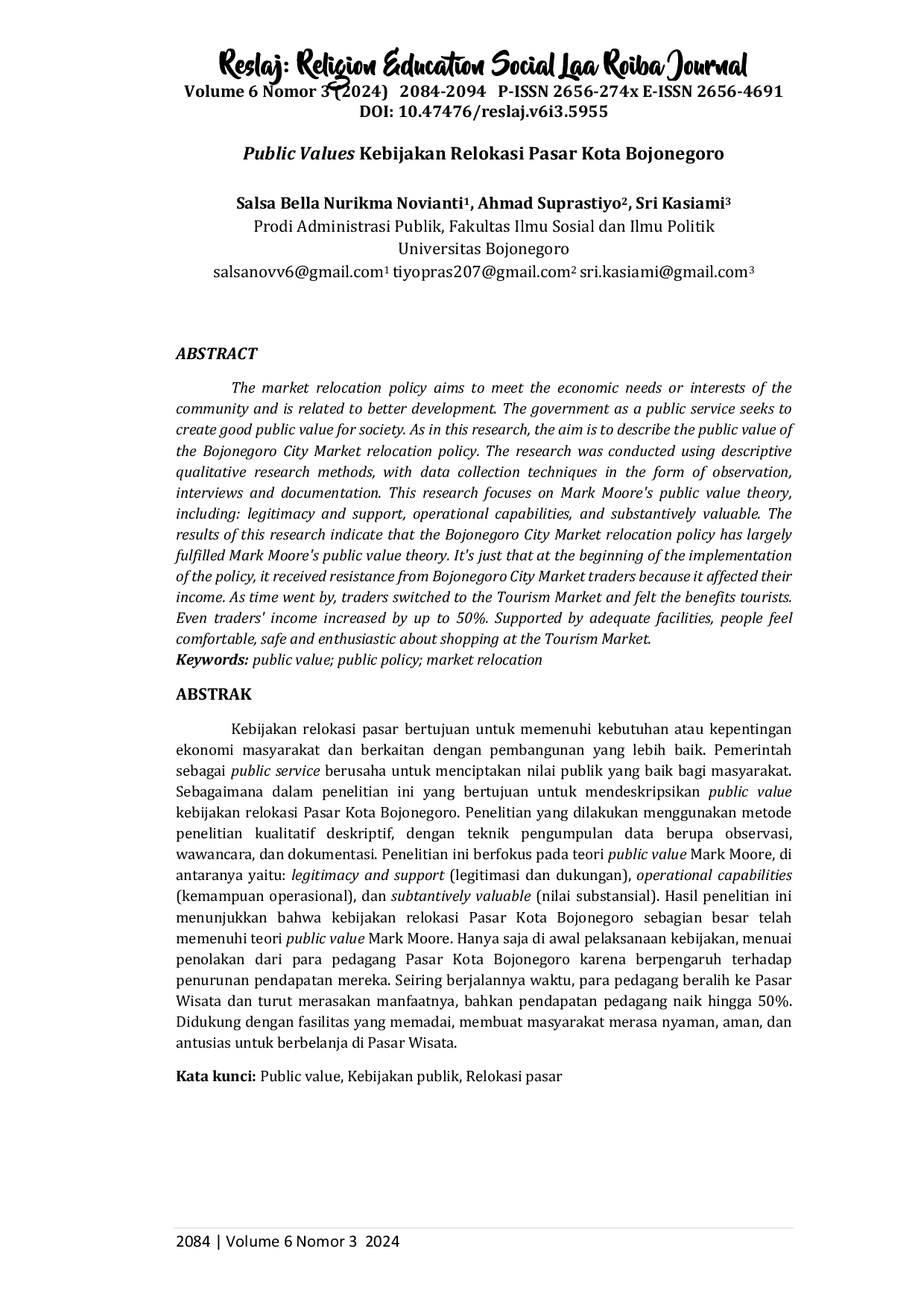 JURIS Public Values Kebijakan Relokasi Pasar Kota Bojonegoro