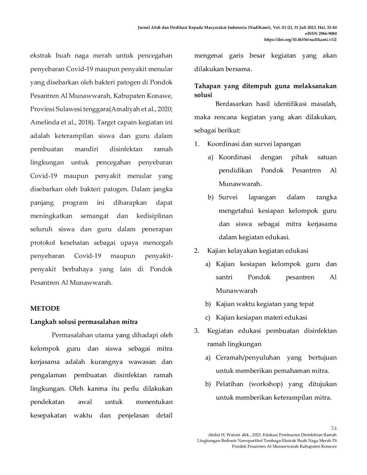 JURIS Edukasi Pembuatan Disinfektan Ramah Lingkungan Berbasis Nanopartikel Tembaga Ekstrak Buah Naga Merah Di Pondok Pesantren Al Munawwarah Kabupaten Konawe