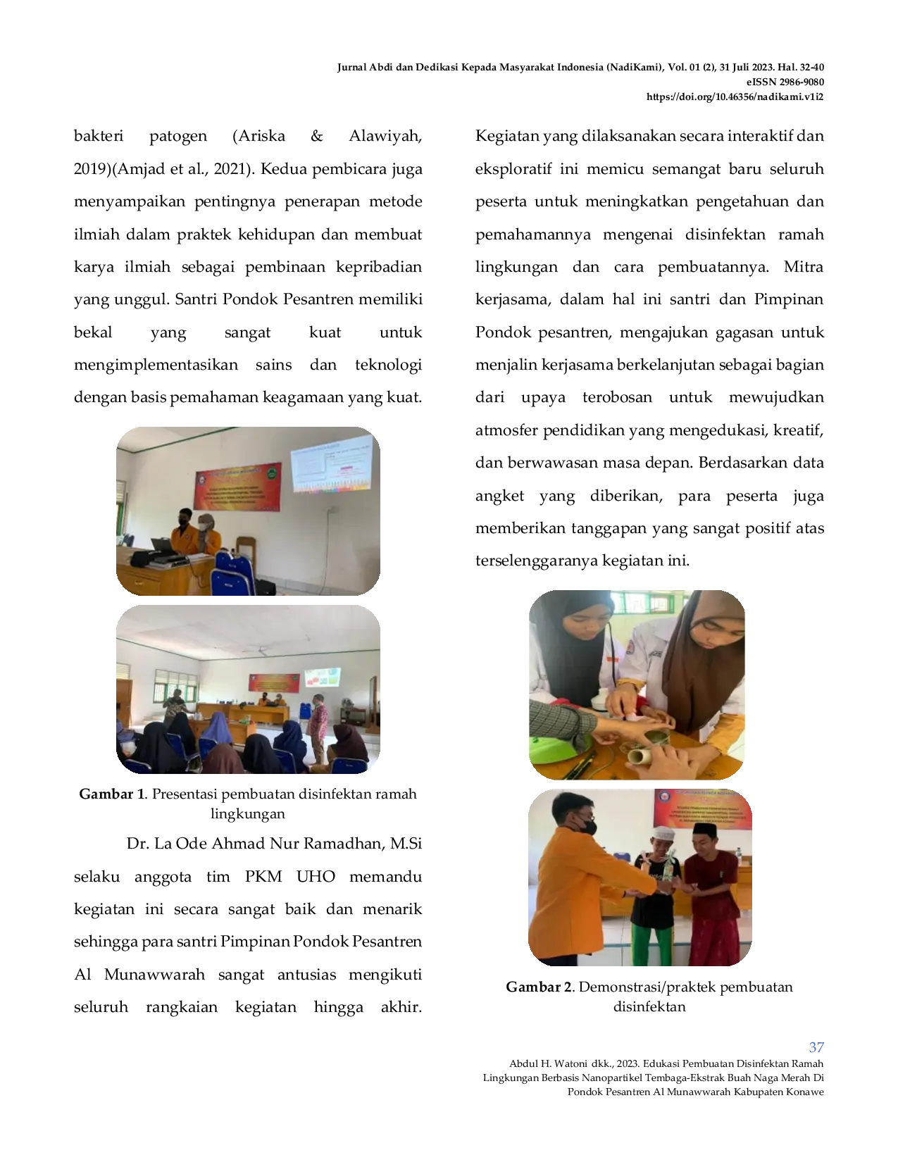 JURIS Edukasi Pembuatan Disinfektan Ramah Lingkungan Berbasis Nanopartikel Tembaga Ekstrak Buah Naga Merah Di Pondok Pesantren Al Munawwarah Kabupaten Konawe