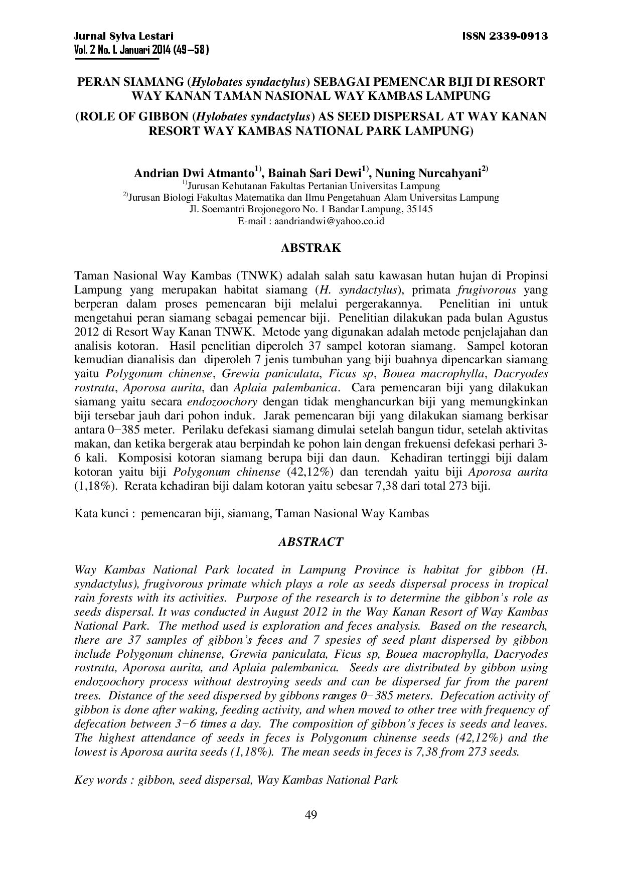 juris Peran Siamang Hylobates Syndactylus Sebagai Pemencar Biji Di Resort Way Kanan Taman Nasional Way Kambas Lampung