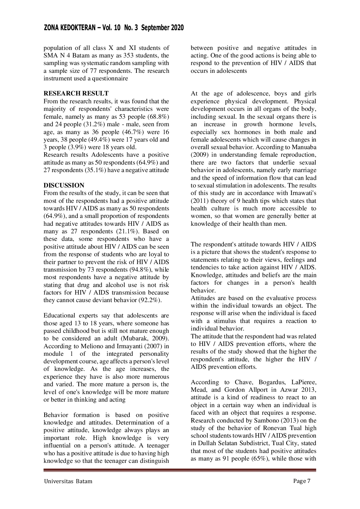 JURIS Attitude of Youth About HIV AIDS Prevention at SMA 4 Kota Batam