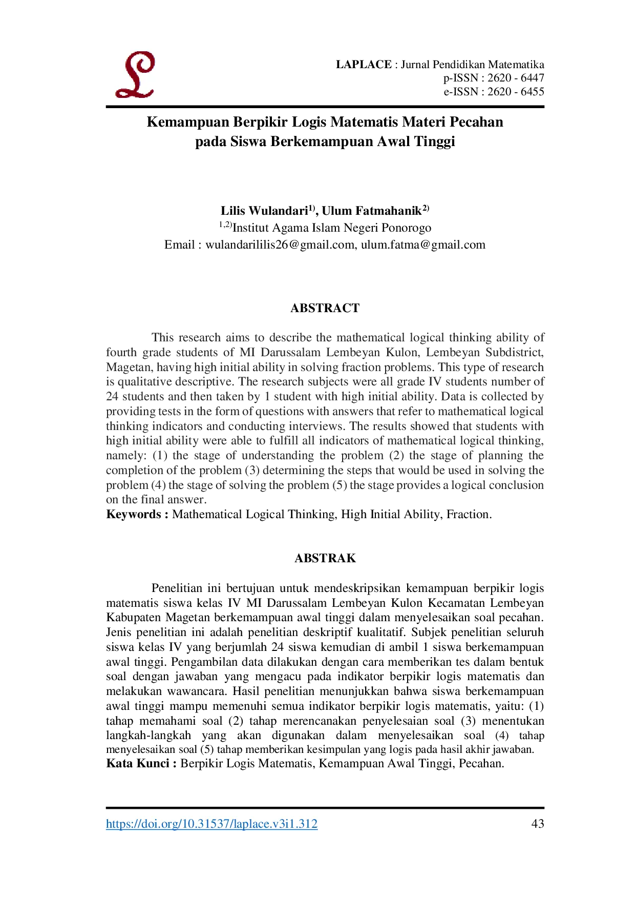 JURIS Kemampuan Berpikir Logis Matematis Materi Pecahan pada Siswa Berkemampuan Awal Tinggi