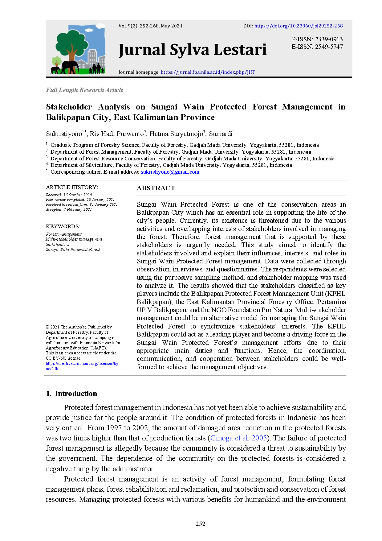 juris Stakeholder Analysis on Sungai Wain Protected Forest Management in Balikpapan City East Kalimantan Province