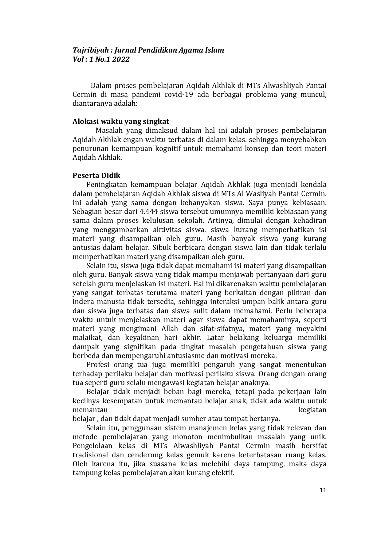 JURIS PROBLEMATIKA PEMBELAJARAN AQIDAH AKHLAK MASA PANDEMI COVID 19 DI MTs ALWASHLIYAH PANTAI CERMIN KABUPATEN SERDANG BEDAGAI