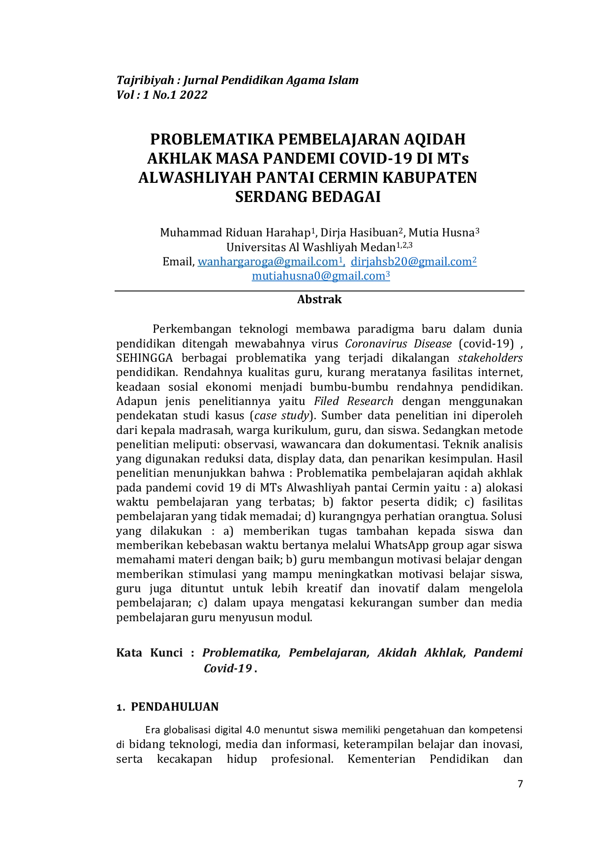 JURIS PROBLEMATIKA PEMBELAJARAN AQIDAH AKHLAK MASA PANDEMI COVID 19 DI MTs ALWASHLIYAH PANTAI CERMIN KABUPATEN SERDANG BEDAGAI