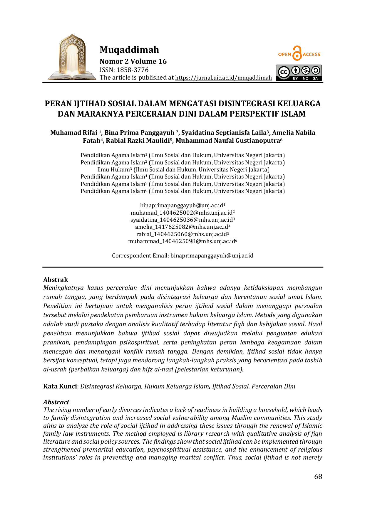 JURIS Peran Ijtihad Sosial Dalam Mengatasi Disintegrasi Keluarga Dan Maraknya Perceraian Dini Dalam Perspektif Islam