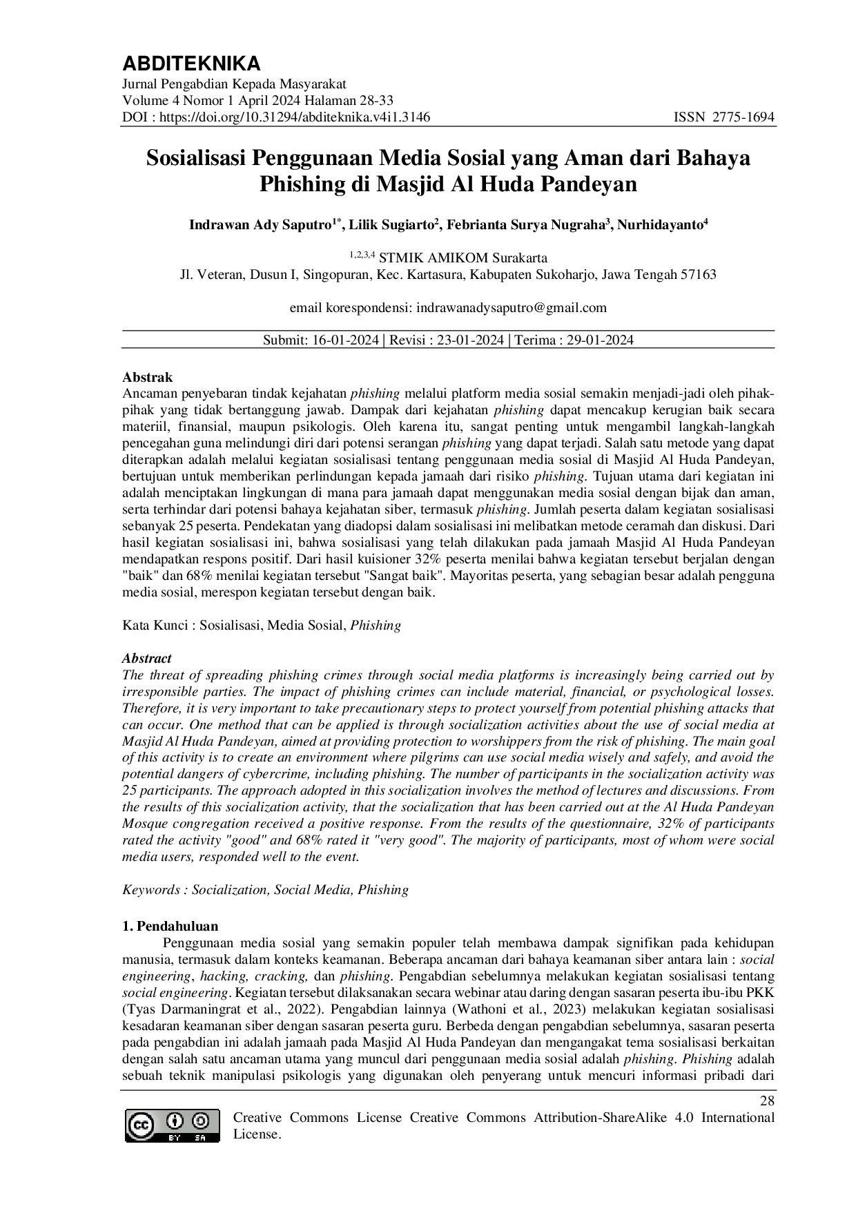 JURIS Sosialisasi Penggunaan Media Sosial Yang Aman Dari Bahaya Phishing Di Masjid Al Huda Pandeyan