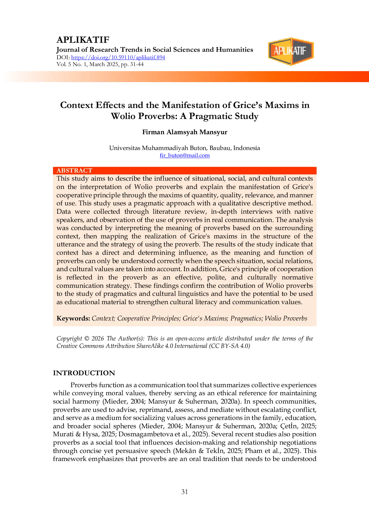 JURIS Context Effects and the Manifestation of Grice s Maxims in Wolio Proverbs A Pragmatic Study Context Effects and the Manifestation of Grice s Maxims in Wolio Proverbs A Pragmatic Study
