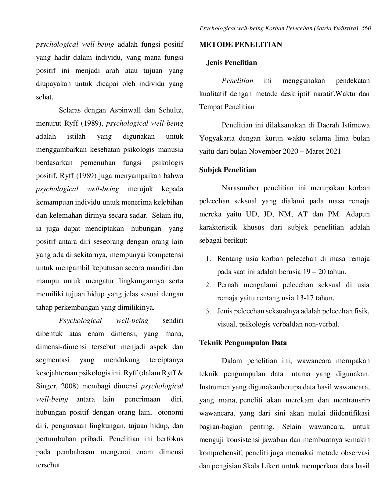 JURIS Psychological Well Being Korban Pelecehan Seksual Yang Terjadi Ketika Masa Remaja
