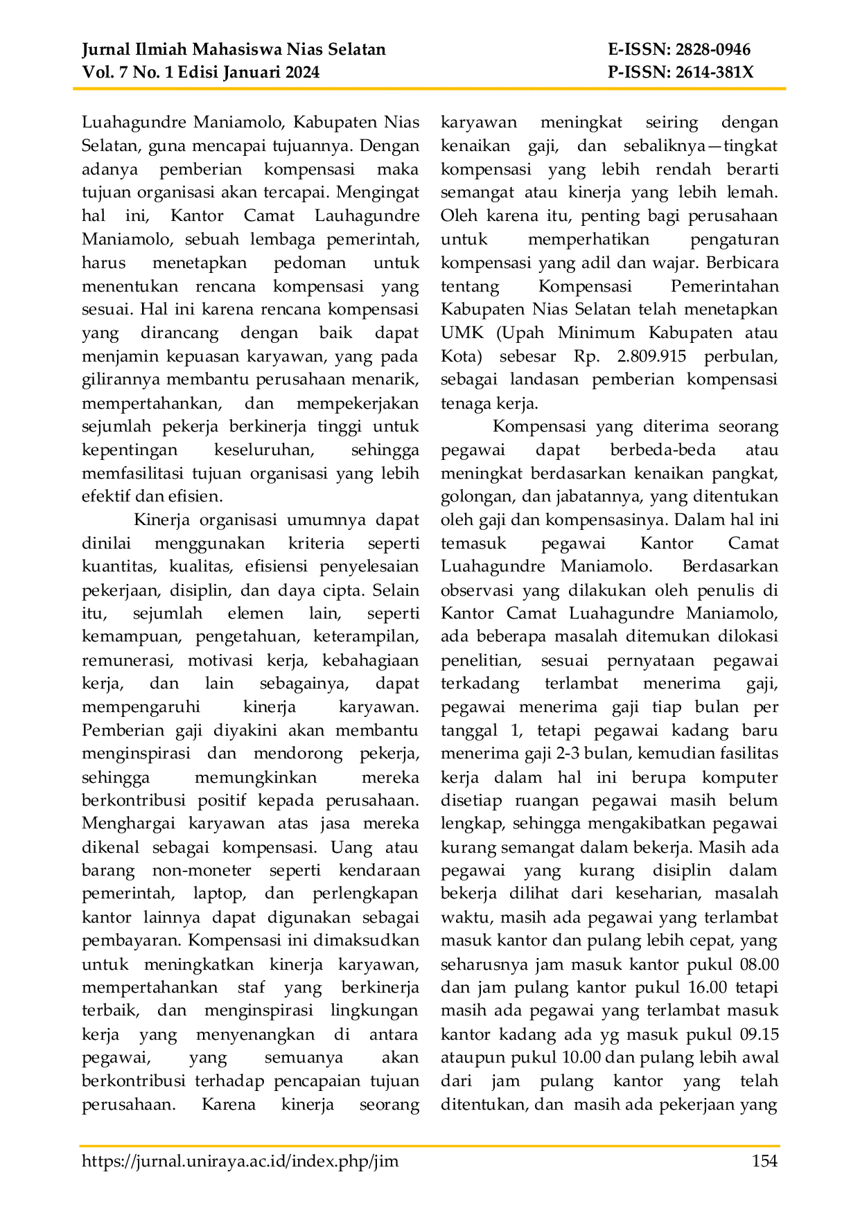 JURIS Pengaruh Kompensasi Terhadap Kinerja Pegawai Pada Kantor Camat Luahagundre Maniamolo